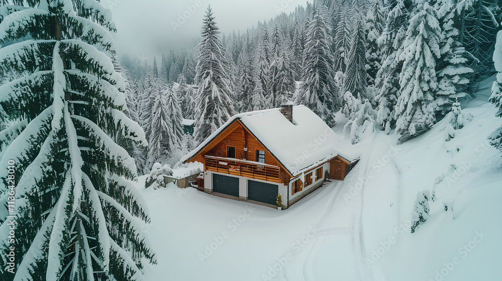 A cozy, rustic cabin nestled in the snowy woods of an alpine resort village. The wooden structure is covered with snow and surrounded by tall pine trees A cozy, rustic cabin nestled in the snowy woods of an alpine resort village. The wooden structure is covered with snow and surrounded by tall pine trees