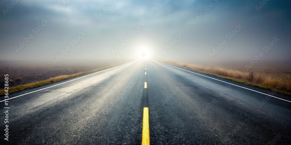 Fototapeta premium Asphalt road vanishing into a misty horizon, a bright light at the end of the journey, symbolizing hope and the unknown