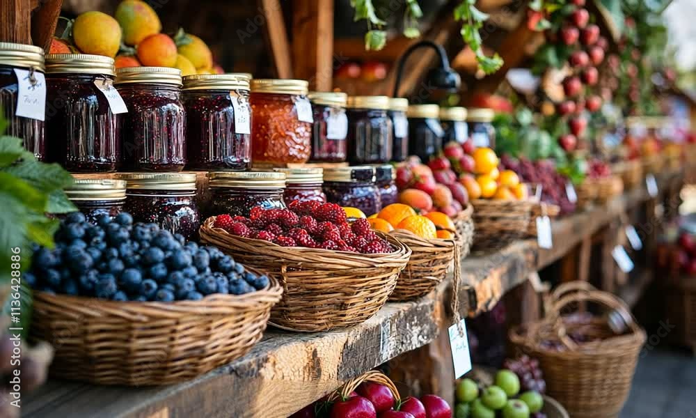 Vibrant Fruit and Jam Display at a Farmers Market Vibrant Fruit and Jam Display at a Farmers Market