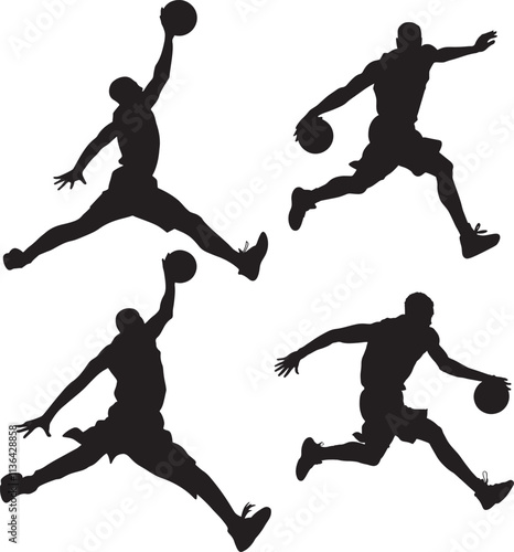 Black silhouette illustration of a basketball player performing a slam dunk.
