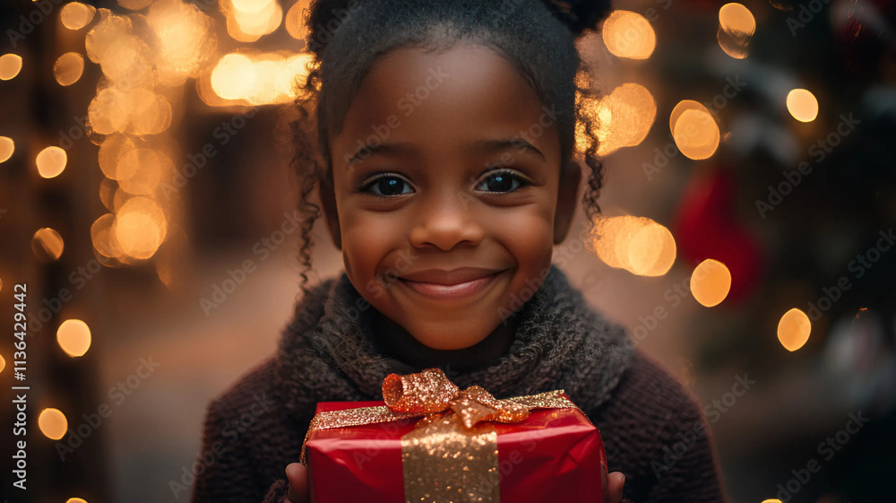 Niño ilusionado y feliz sujeta su regalo de Navidad y Reyes Magos Niño ilusionado y feliz sujeta su regalo de Navidad y Reyes Magos
