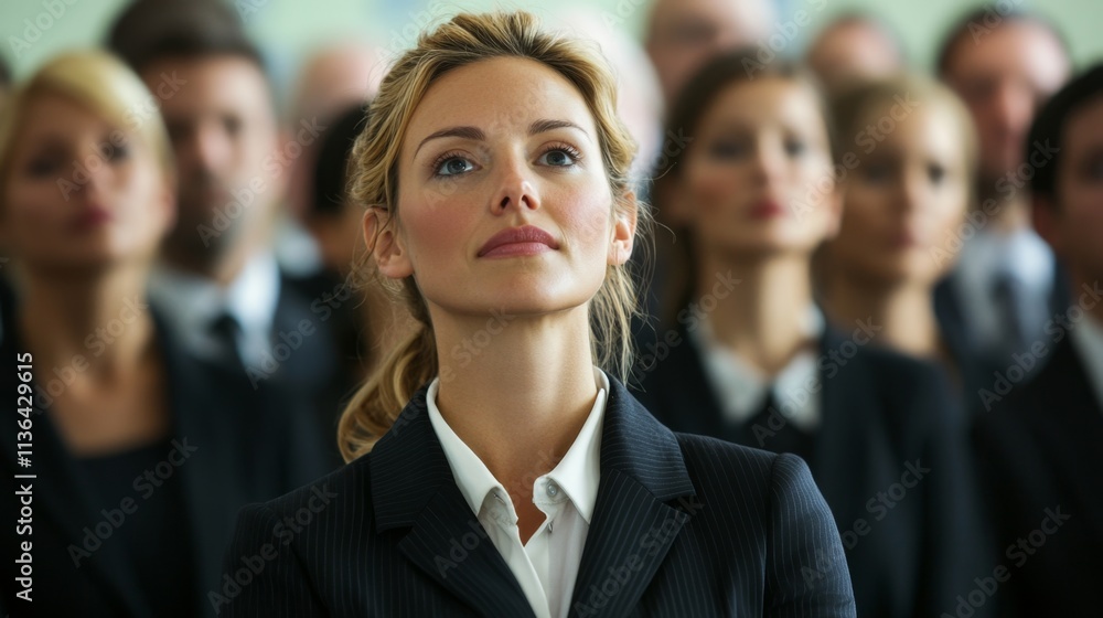 Fototapeta premium A businesswoman presenting to a group of colleagues in a professional office environment, perfect for training or leadership themes