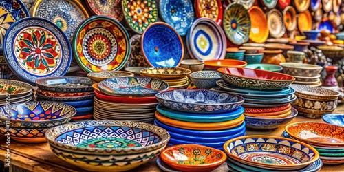 Arabian Colorful Ceramic Plates Cutlery Street Market Stall Photography