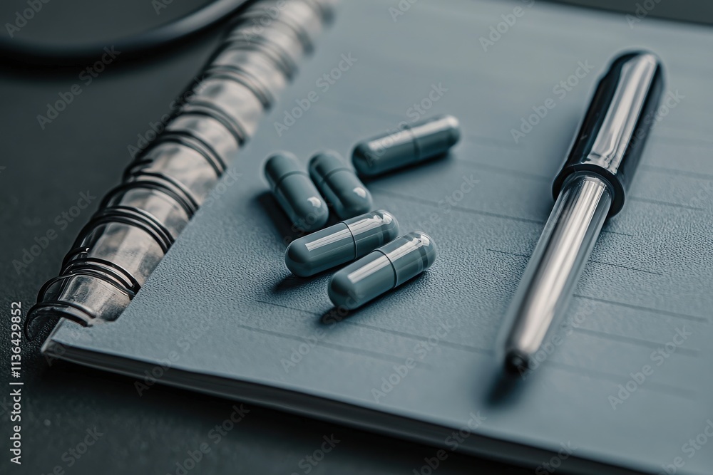 Investigating the future of medicine closeup of a futuristic medical journal with capsules modern workspace scientific exploration professional perspective Investigating the future of medicine closeup of a futuristic medical journal with capsules modern workspace scientific exploration professional perspective