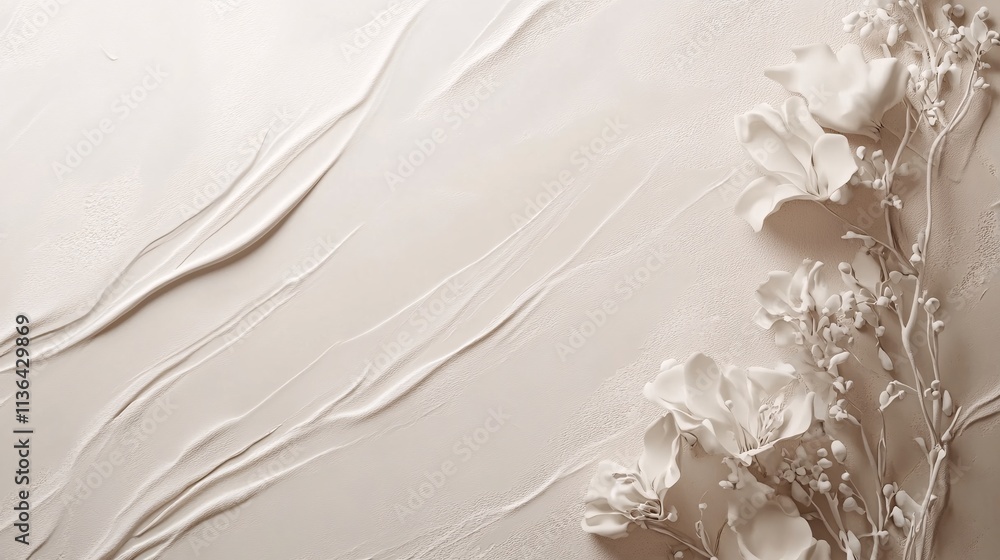 Decorative plaster flowers growing on textured beige wall creating elegant floral pattern Decorative plaster flowers growing on textured beige wall creating elegant floral pattern