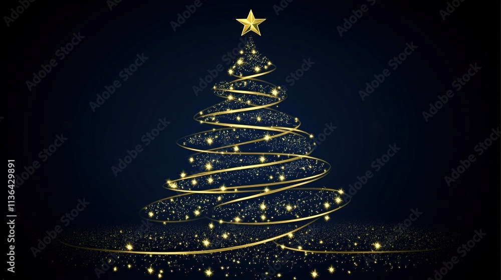Christmas Tree with Golden Decorations Against Dark Blue Background, Soft Bokeh Lights, Versatile Holiday Greeting Card Template with Space for Text Christmas Tree with Golden Decorations Against Dark Blue Background, Soft Bokeh Lights, Versatile Holiday Greeting Card Template with Space for Text