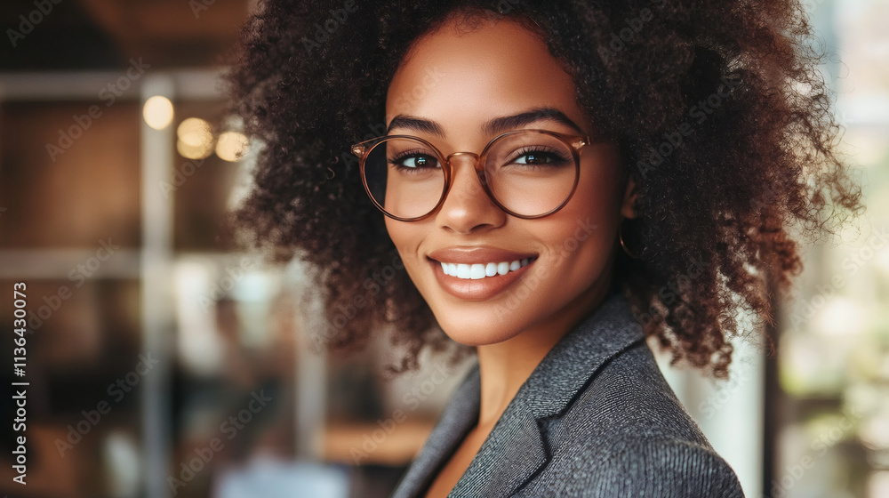 Happy businesswoman with glasses smiles in a contemporary office setting Happy businesswoman with glasses smiles in a contemporary office setting