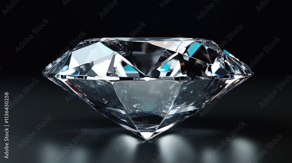 Faceted diamond cut gem on dark reflective surface. Faceted diamond cut gem on dark reflective surface.