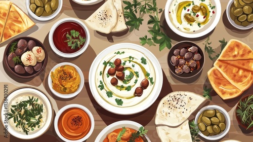 Wallpaper Mural Mediterranean feast, delicious appetizers, fresh herbs, various dishes, tasty spreads, healthy eating, inviting presentation Torontodigital.ca