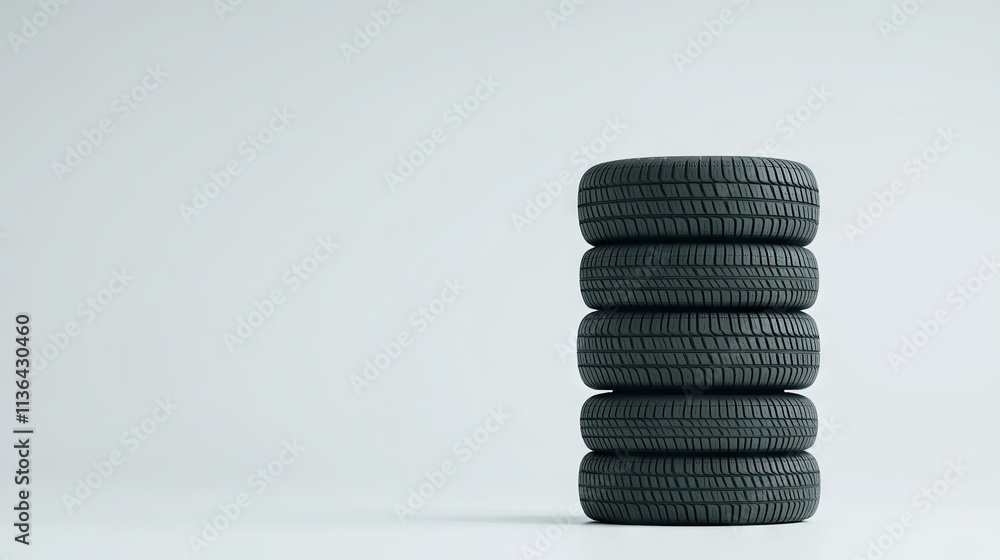 Four stacked car tires on a clean white backdrop showcasing minimalist design elements for automotive themes Four stacked car tires on a clean white backdrop showcasing minimalist design elements for automotive themes