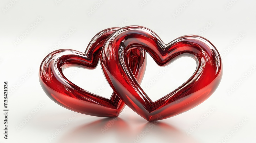 Two Intertwined Red Glass Hearts on a Soft White Background Two Intertwined Red Glass Hearts on a Soft White Background