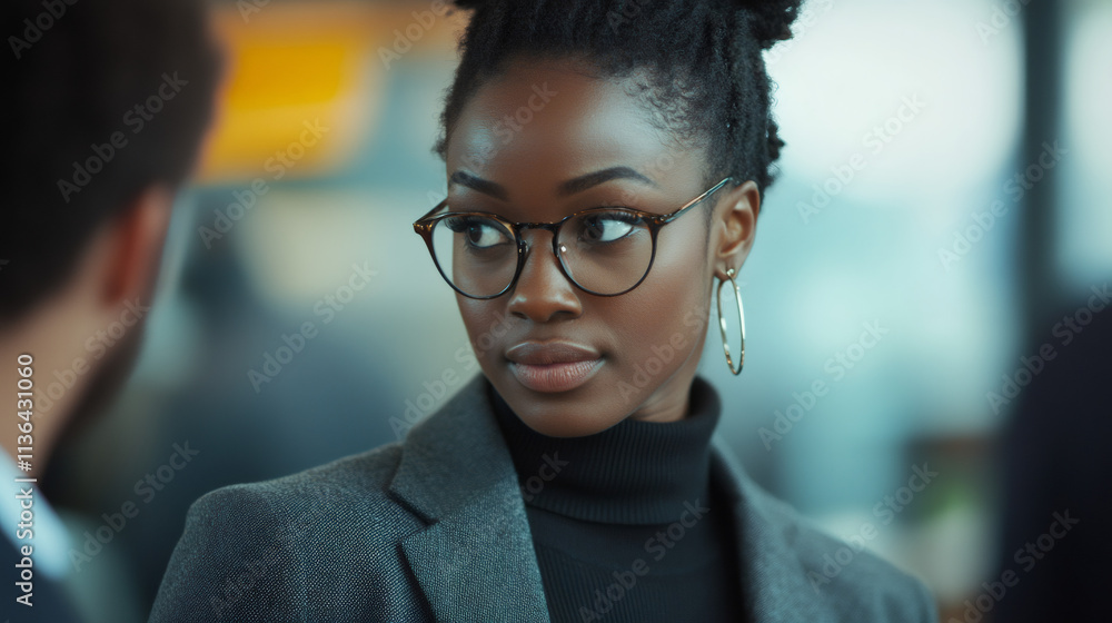 Professional office environment: young female professional in glasses attentively listening to colleague Professional office environment: young female professional in glasses attentively listening to colleague
