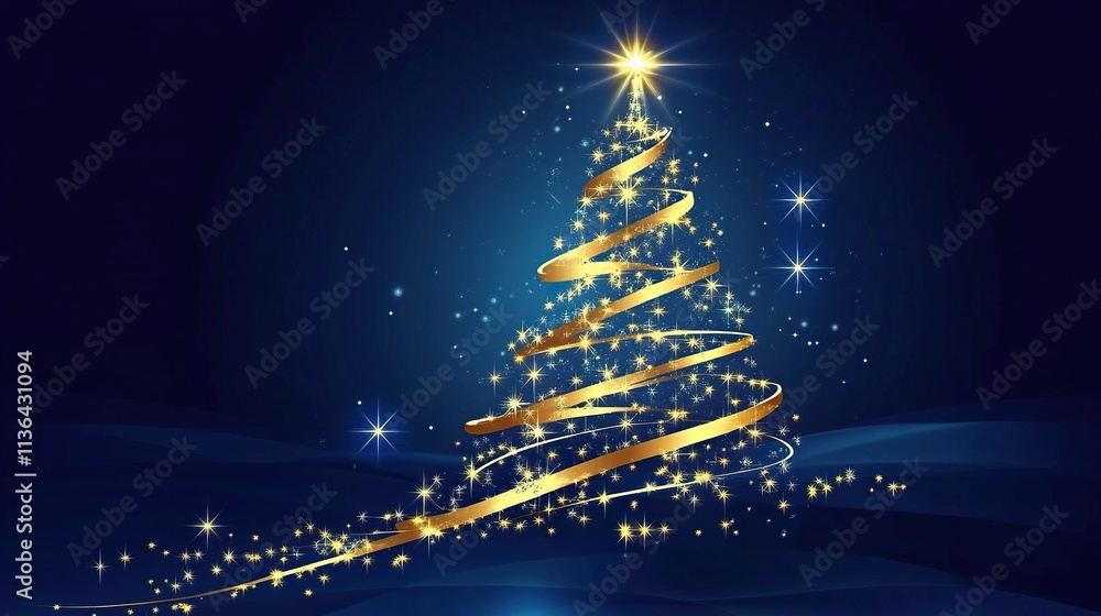 Christmas Tree with Golden Decorations Against Dark Blue Background, Soft Bokeh Lights, Versatile Holiday Greeting Card Template with Space for Text Christmas Tree with Golden Decorations Against Dark Blue Background, Soft Bokeh Lights, Versatile Holiday Greeting Card Template with Space for Text