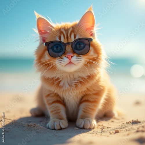 Charming Ginger Cat Sportingly Stylized in Sunglasses Enjoying a Sunny Beach Setting photo