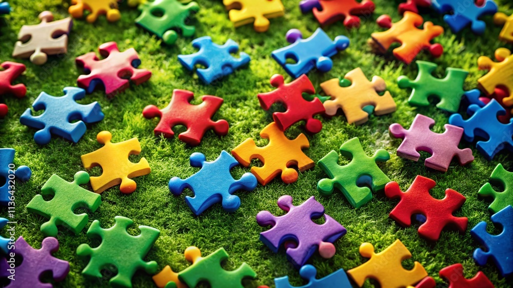 Autism Awareness Macro Photography: Colorful Puzzle Pieces on Grass Autism Awareness Macro Photography: Colorful Puzzle Pieces on Grass