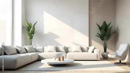 A Clean and Modern Minimalistic Fantasy Futuristic Living Room Infused with Natural Light and Technology photo