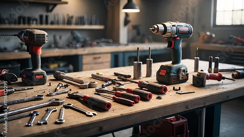 Wooden Workbench with Tools, Power Drills, and Workshop Equipment in a Professional Garage

 photo