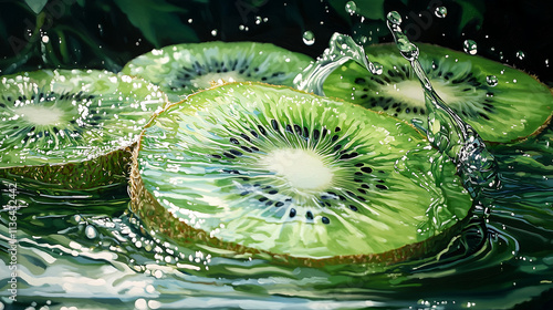 Fresh kiwi slices splashing into water with vibrant green texture and reflections photo