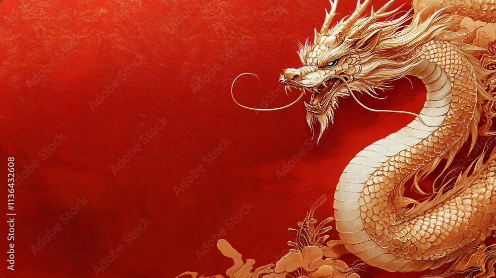 Ornate golden dragon on crimson background, ideal for celebrating Lunar New Year, symbolizing power and strength in Asian culture, suitable for invitations or decor. Ornate golden dragon on crimson background, ideal for celebrating Lunar New Year, symbolizing power and strength in Asian culture, suitable for invitations or decor.