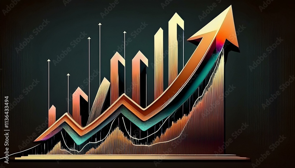 Fototapeta premium Business growth chart logo with arrow, bar and line chart diagram going up on black background