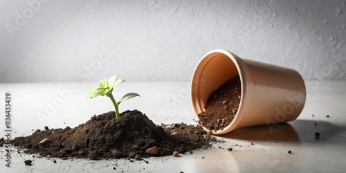 A tiny sprout emerges from spilled soil beside an overturned pot, symbolizing new growth and resilience.