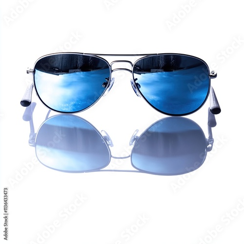 Aviator sunglasses with blue mirrored lenses reflecting sky. photo