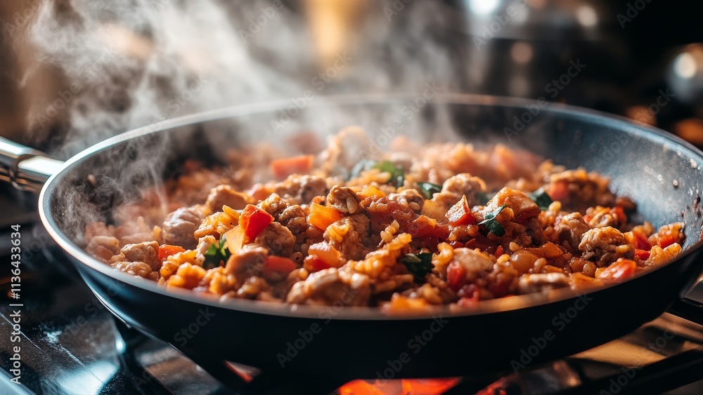 Stir frying vibrant veggies and meat in a cozy kitchen Stir frying vibrant veggies and meat in a cozy kitchen