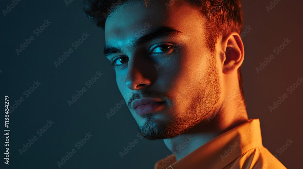 Close-up portrait of a serious young man with beard illuminated by blue and orange lights in a photographic studio Close-up portrait of a serious young man with beard illuminated by blue and orange lights in a photographic studio