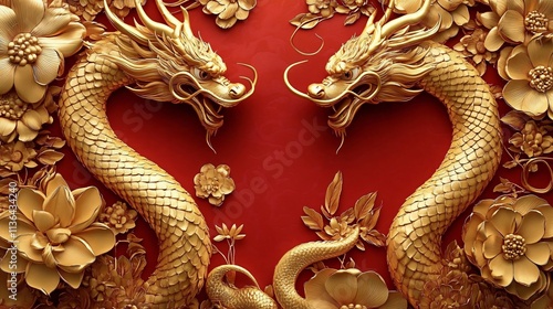 Wallpaper Mural A majestic golden dragon coiling amidst rich florals on a vibrant red background, ideal for celebrating Lunar New Year or cultural festivals, evoking tradition and magnificence. Torontodigital.ca