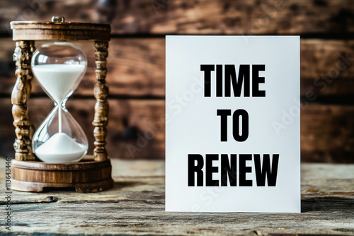 Time to renew message written on white paper card with an hourglass. Conceptual time to renew symbol.