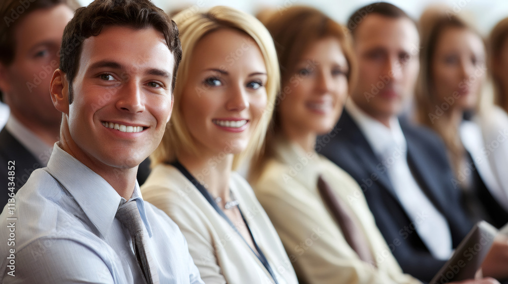 Business professionals in a row, smiling and actively participating at a lively conference Business professionals in a row, smiling and actively participating at a lively conference