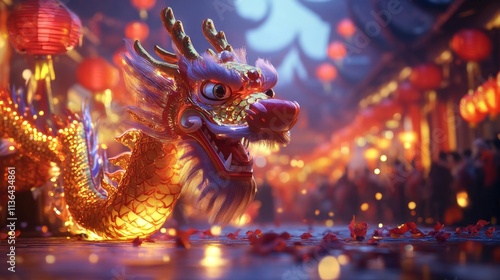 A festive image capturing a vibrant dragon parade during Chinese New Year celebrations, blending cultural tradition with the mythical dragon motif