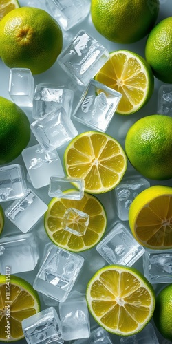 Fresh citrus fruits and ice cubes create a vibrant display of limes and lemons ready for beverages photo