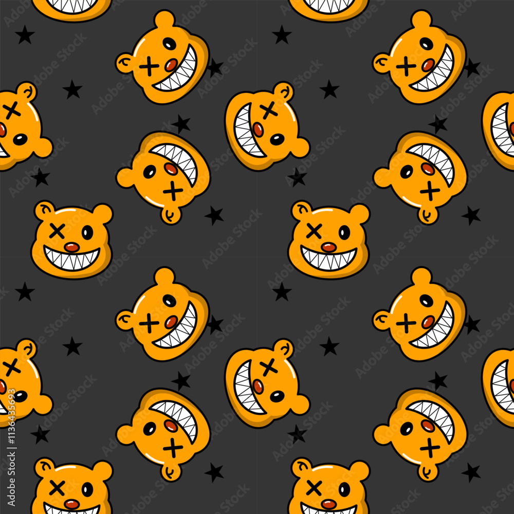 Fototapeta premium Face bear yellow cartoon so cute. On star black background. Pattern seamless vector illustration. 