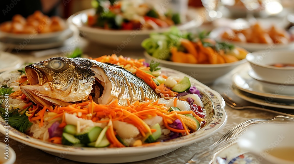 A beautifully arranged table set for a family reunion dinner, featuring a whole steamed fish, a platter of colorful fruit, and a large bowl of prosperity toss salad with raw fish and shredded A beautifully arranged table set for a family reunion dinner, featuring a whole steamed fish, a platter of colorful fruit, and a large bowl of prosperity toss salad with raw fish and shredded