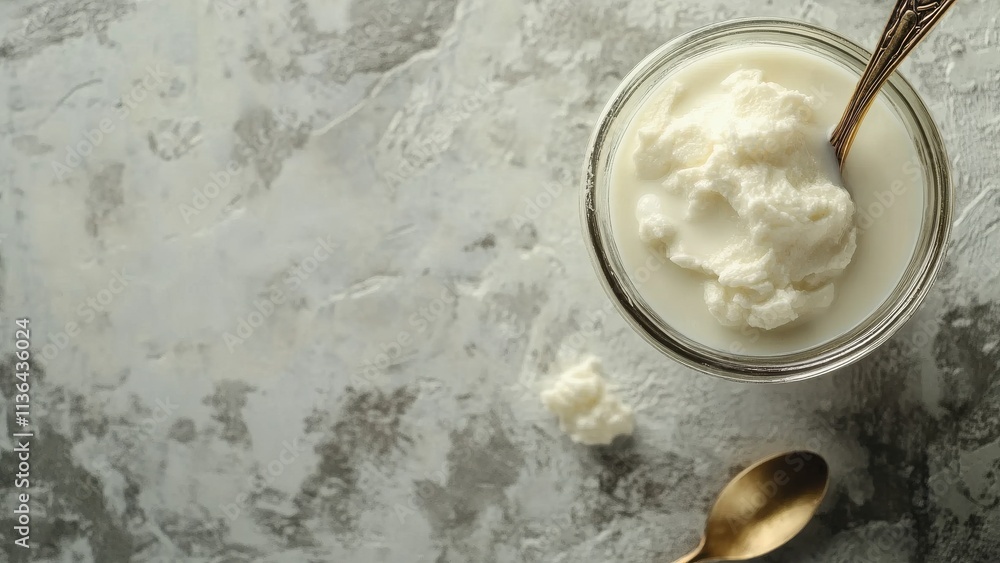 Creamy yogurt served in a glass jar with a golden spoon nearby Creamy yogurt served in a glass jar with a golden spoon nearby