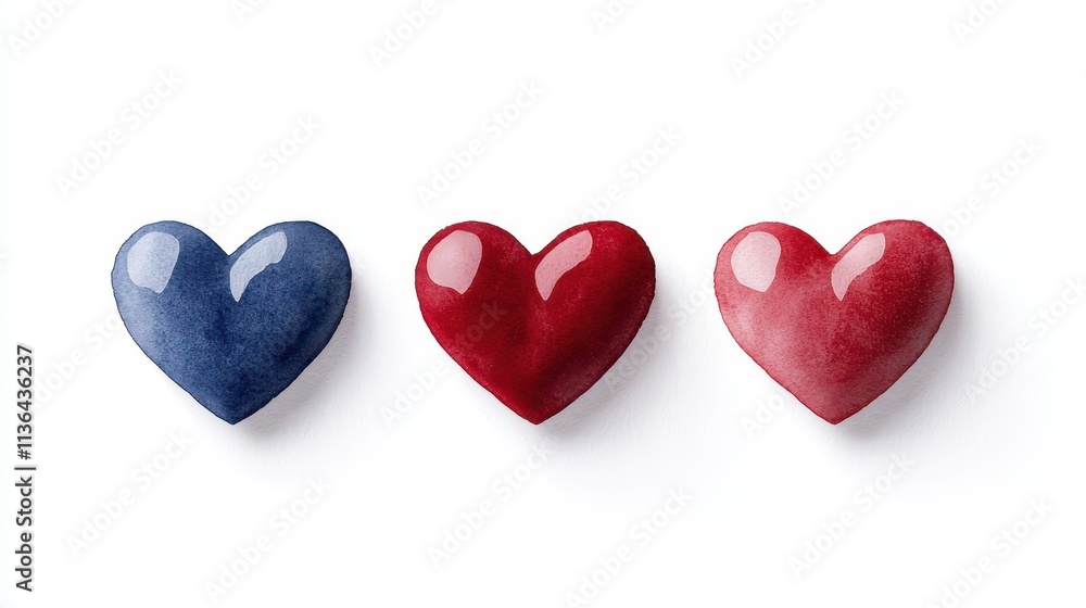 Three colorful heart shapes in red and blue, symbolizing love and affection. Three colorful heart shapes in red and blue, symbolizing love and affection.