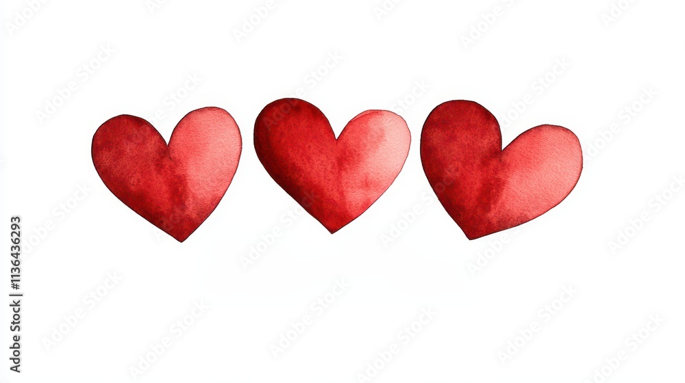 Three watercolor red hearts symbolizing love and affection in a creative design. Three watercolor red hearts symbolizing love and affection in a creative design.