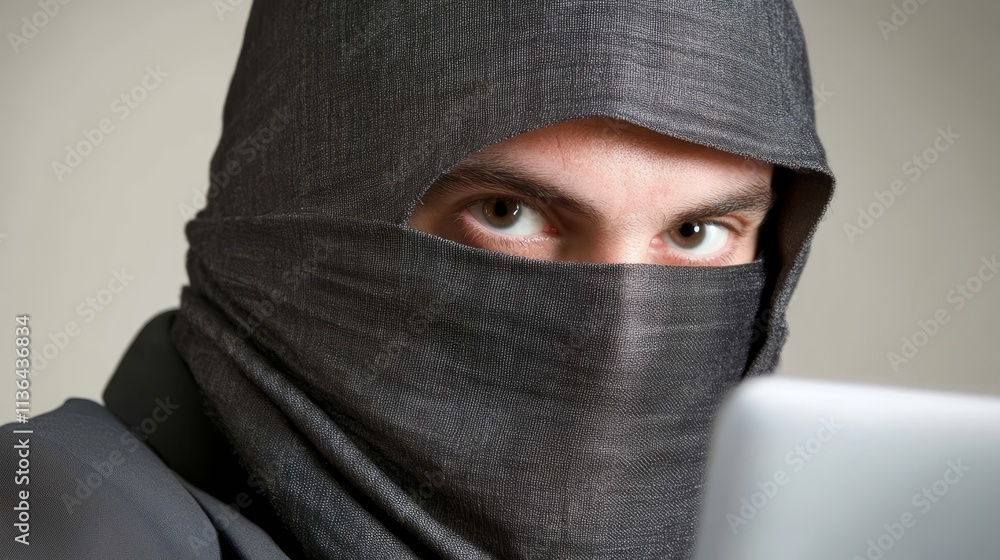 Man in black hood with laptop, a glimpse into the world of digital prowess and mystery Man in black hood with laptop, a glimpse into the world of digital prowess and mystery