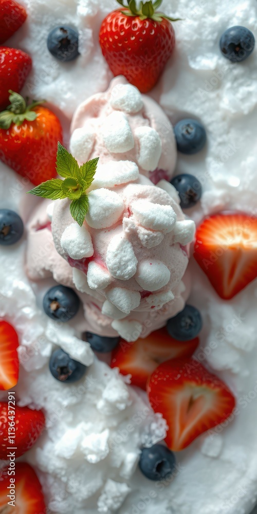 Delicious dessert featuring ice cream topped with meringue and fresh strawberries and blueberries on a bed of whipped cream Delicious dessert featuring ice cream topped with meringue and fresh strawberries and blueberries on a bed of whipped cream