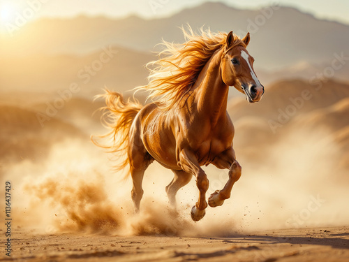 Chestnut horse gallops powerfully across a sandy desert landscape at sunset photo