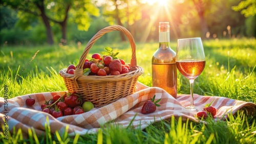 A sunlit picnic scene with a wicker basket filled with summer berries, a bottle of wine, and a glass of ros? on a checkered blanket in a grassy field.