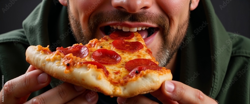Person enjoying pepperoni pizza slice with cheese Person enjoying pepperoni pizza slice with cheese