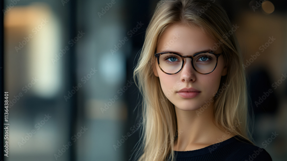 Confident young blonde woman in eyeglasses exudes intelligence and style in close-up portrait Confident young blonde woman in eyeglasses exudes intelligence and style in close-up portrait