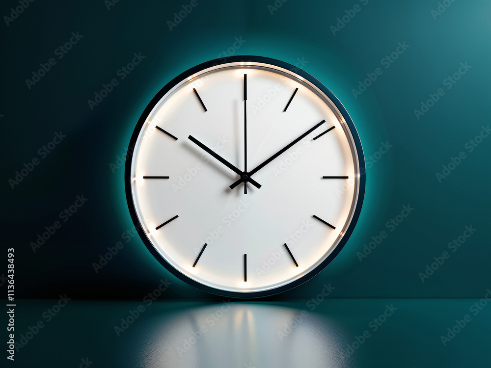 Clock shows time against a teal background with a subtle reflective surface below it Clock shows time against a teal background with a subtle reflective surface below it