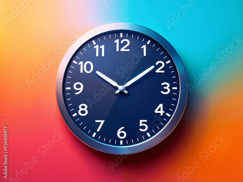 Clock indicates time on colorful background with silver frame and dark face photo