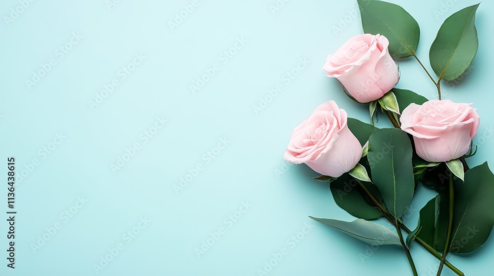 Fototapeta premium Stunning still life, three pink roses in full bloom against a tranquil blue background