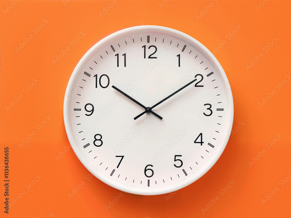 Clock shows time against bright orange background with minimalist design Clock shows time against bright orange background with minimalist design