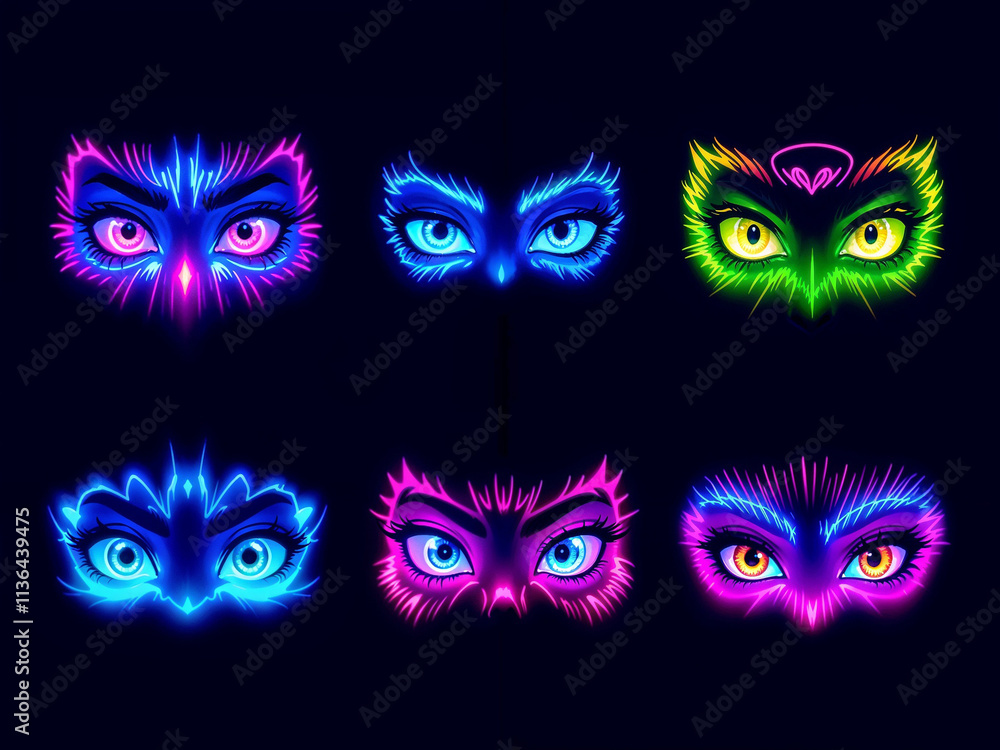 Eyes glow intensely with neon colors against a dark backdrop creating a vibrant effect Eyes glow intensely with neon colors against a dark backdrop creating a vibrant effect