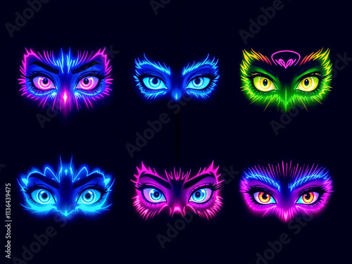 Eyes glow intensely with neon colors against a dark backdrop creating a vibrant effect